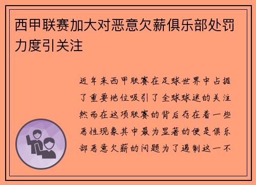 西甲联赛加大对恶意欠薪俱乐部处罚力度引关注 西甲联赛加大对恶意欠薪俱乐部处罚力度引关注